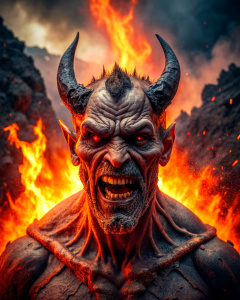 cinematic shot, hell, demon, dark and contrasting shades, lava, fire, smoke