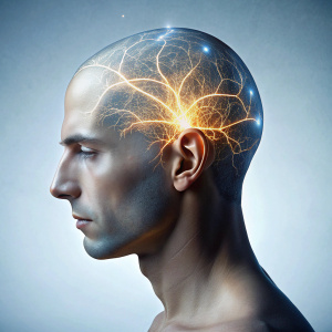 Human head with glowing neurons in brain
 on white background