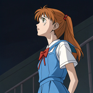 Asuka Langley, from Evangelion, with a pensive look, wearing a blue school uniform. Dark background