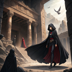 Raven from Teen Titans, in various dynamic poses. She is wearing a flowing black cloak with red interior. The scene is set in an ancient temple.