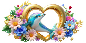crea un hermoso Delfin realista colorido a un lado de un marco grande para fotos vacio dorado 3d decorado con corazones y flores coloridas hermosas alrededor del marco y chispas de agua que el delfin este rodeando el marco y hermosos corazones de colores decorando el marco y 3 flores blancas 3d realistas al rededor con destellos de luces coloridas con estrellas en un fondo totalmente blanco y una hermosa flor blanca y un corazon hermoso en una esquina del marco