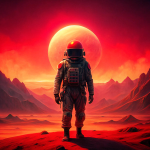  red sunset, red hills, cosmonaut in a red spacesuit, zdzislaw beksinski style, illustration, vibrant, photo, poster --ar 2:3
