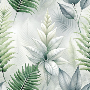 white and clears backgraunds.ferns and sparsely placed tropical leaves.only
 . laying repeat