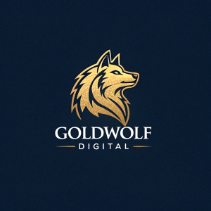 Digital artwork of a sleek golden wolf's head logo. Dark background, modern design. Goldwulf Digital text below in white