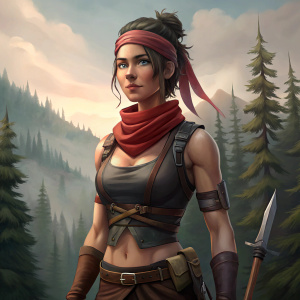 waist-high portrait, male human with bandana and two daggers, 3/4 view, forest on background