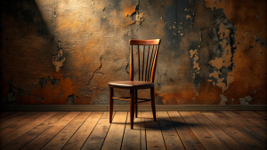 wood chair, wall steel old texture,top view, real photo, natural brown,