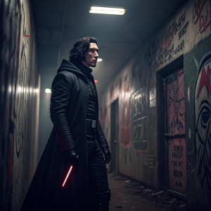 Adam Driver as Kylo Ren. Dark hallway with graffiti on walls. Dimly lit, dramatic atmosphere.