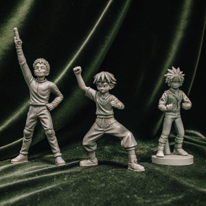 Digital artwork showcasing My Hero Academia characters in dynamic action poses. Illustration features characters made from grey sculpted material. Set against a stark black backdrop.