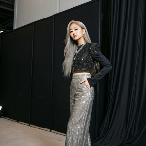Park Chae Young from Blackpink, with long gray hair, standing confidently in a glamorous outfit. Poses for a magazine shoot against a sleek black backdrop.