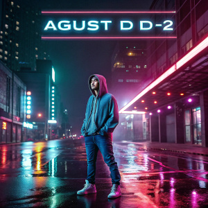 A vibrant album cover for Agust D's mixtape 'D-2'. Set against a neon-lit cityscape at night. The artist, in a hoodie and jeans, stands confidently. Korean text highlights song titles, writers, and producers.