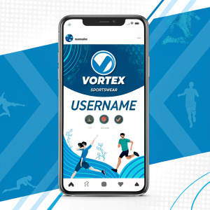 Instagram profile showcasing Vortex sportswear. Bright blue and white design. Logo, username, description, URL. Graphics and illustrations highlight brand's appeal to athletes and enthusiasts. Modern and energetic vibe.