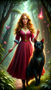 a princess with brown golden hair, wearing a short pleated pink skirt and turtle neck knitted red blouse, holding a magic stick, riding a giant fluffy black cat through a wild forest
