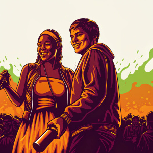 Keke Palmer and Zac Efron at the bustling backstage area of the Nickelodeon Kids' Choice Awards. Neon green slime splashes in the background.