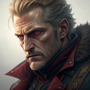 Rugal Bernstein, a video game villain, intense stare, high-definition close-up shot