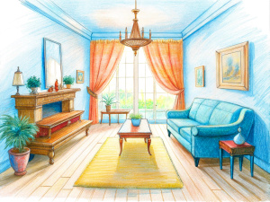 living room sketch in pencil 