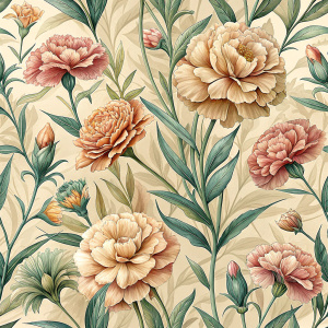 Seamless pattern background featuring a collection of vintage botanical illustrations with Carnation flowers and leaves in muted colors