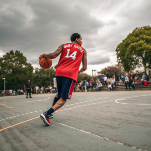 Gary Harris, wearing a red NBA jersey with the number 14, is dribbling the ball on an outdoor basketball court. Spectators are cheering from the sidelines.