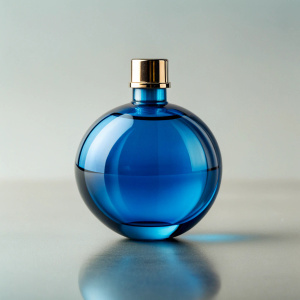 small round perfume bottle on a light background, front view of a trepezoidal shape in blue color