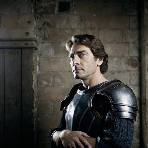 Javier Bardem in a period drama shoot. Medieval armor, serious expression, standing in front of a weathered stone wall. Textured backdrop.