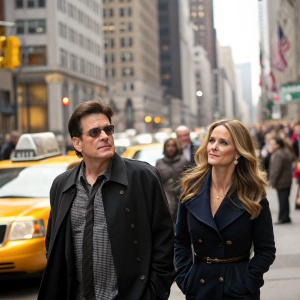 Charlie Sheen and Kelly Preston walking down a busy city street. Crowds of people, tall buildings, yellow taxis in the background.
