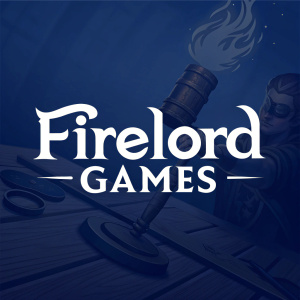 Firelord Games logo, sleek design with white letters on a dark blue background