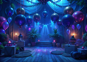 Crea una decoración para una fiesta de 17 años con temática del festival Tomorrowland en un apartamento 