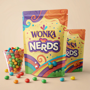 Colorful packaging of Wonka Nerds candy, prominently featuring the brand logo and bright, playful design.