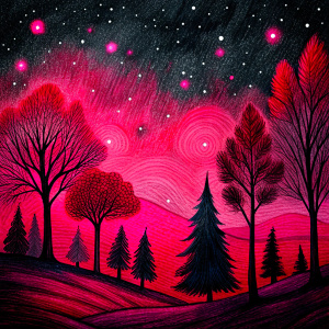 draw a Starry Night in a childish way trees should be coloured black and the sky colour - darker