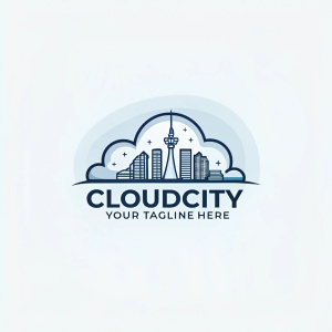 CloudCity logo design. A sleek cloud formation embracing a minimalist cityscape. Below the graphic, 'CloudCity' in bold font, with placeholder text 'Your Tagline Here'. Color palette includes serene blues and ethereal whites, creating a modern, inviting aesthetic.