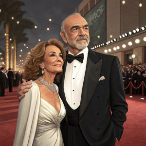 Formal attire, red carpet, celebrity event. Sean Connery and Micheline Roquebrune pose together.