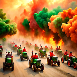 As the tractors throw their wild celebration, the air itself seems to dance in colors, reminding us that every victory, no matter how unusual the victors, deserves its own parade of joy and color.