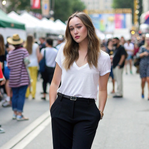 Alycia Debnam-Carey in a casual outfit, white blouse and black pants, stands outside during a busy street festival. Crowded with people in various stylish outfits.