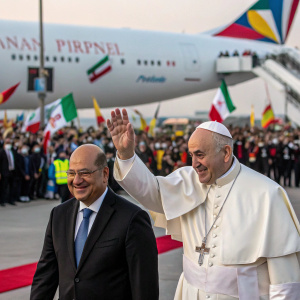 Pope Francis and President Barham Saleh waving goodbye from an airport. Large crowd in background, some wearing masks. Colorful flags and banners