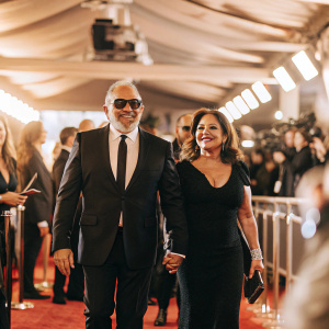 Emilio Estefan Jr and Gloria Estefan, dressed in black, at the Grammy Awards ceremony.