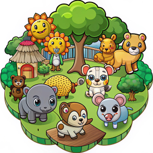make a cute zoo park with many animals, solid outline, no background