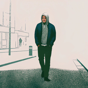 Jose Mourinho in a casual yet stylish outfit. Dark blue sweater with grey hoodie. Walking on the streets of Manchester