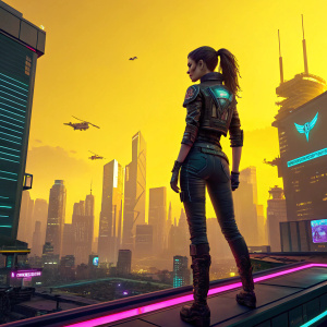 Digital art of a female character from Cyberpunk 2077. She's wearing cybernetic enhancements and standing on a neon-lit rooftop. The cityscape below is bustling with activity. Vibrant yellow background