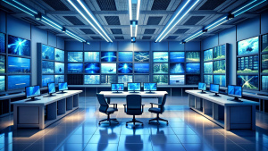 Illustration of a modern security system control room with multiple displays and monitoring room. Network monitoring and management information. Perfect for cybersecurity concepts