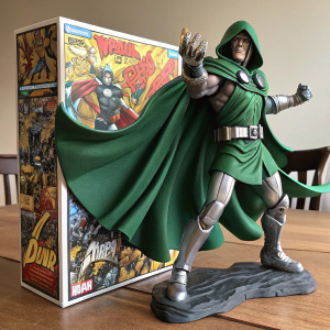 A detailed Dr. Doom action figure, standing dramatically beside its box. The box features vibrant Marvel Comics logos and graphics. Green cloak swirling around the figure, posed dynamically.