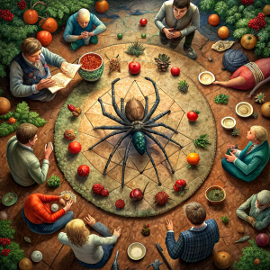 A  spider fell in the middle of the a circle  of people eating food.