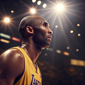Kobe Bryant, bald head, intense gaze, dressed in LA Lakers jersey. Bright lights in the stadium.
