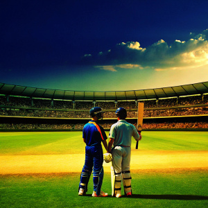 Virat Kohli and Mark Boucher in their respective cricket team kits, standing on a stadium field. Crowd cheering in background
