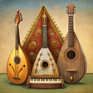 three instruments in a row balalaika domra accordion
