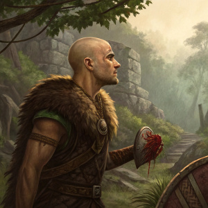 Bald warrior from Amazon's 'Britannia' holding a blood-stained heart-shaped amulet. Earthy, rustic backdrop with hues of brown and green