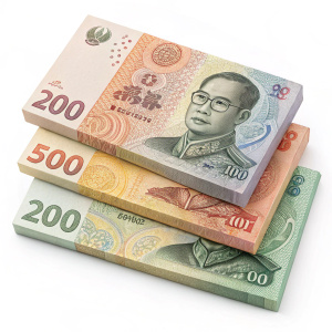 Stacked Thai Baht currency notes in various denominations. Layered and overlapping. Denominations include 20, 50, 100, 500, 1000 baht. Distinct textures and patterns visible.