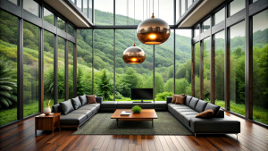 A modern living room with high ceilings and picture windows offering a panoramic view of the lush greenery outside. The interior features a dark, minimalist color scheme, with a large, plush sofa in the center, a flat-screen TV mounted against the glass wall, and stylish wooden flooring. Hanging from the ceiling is a series of copper-colored spherical pendant lights, adding a warm glow to the space. The atmosphere is cozy and luxurious, perfect for relaxing or receiving guests. In the center of 