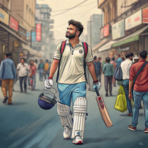 Rishabh Pant, Indian cricketer, in casual wear, walking through a bustling street. No background logos