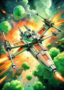  space ship  x-wing of Star Wars,  ultra detailed comic ,style pop art, style, graffiti style, style watercolor, black background, ready for print t-shirt, style art fabric
RasterIllustrationlevel of detail:extreme , x-wing level of detail extreme

