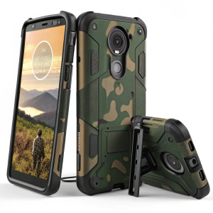 A rugged, camouflage-patterned phone case for the Motorola Moto E5 Plus. Includes a built-in kickstand and stylus.