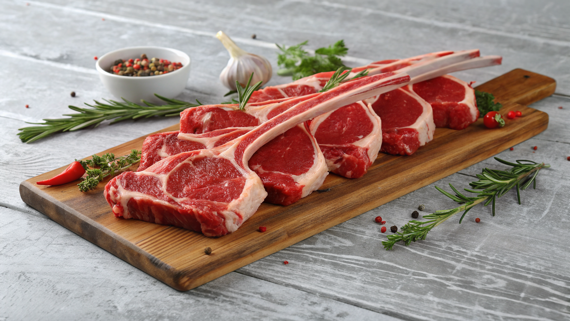 Raw lamb chops on a wooden butcher board showing loin and rib cuts